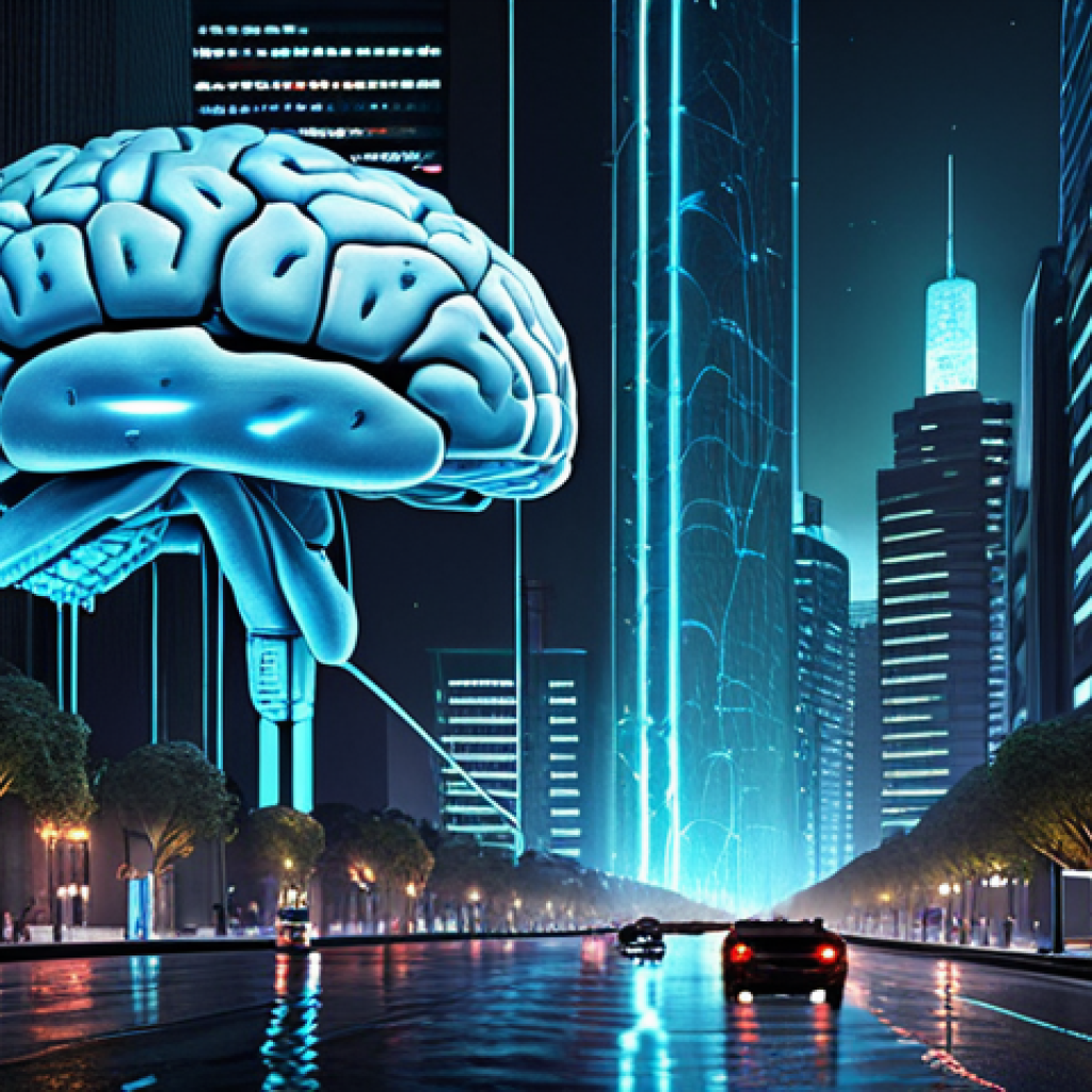 **Image:** A futuristic cityscape at night, with streams of data flowing like rivers through the streets. In the background, a giant, glowing AI brain analyzes the data, identifying anomalies and highlighting potential cyber threats with subtle alerts. The overall feel is secure, intelligent, and vigilant.