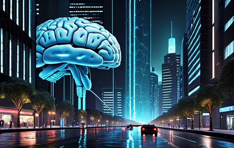 **Image:** A futuristic cityscape at night, with streams of data flowing like rivers through the streets. In the background, a giant, glowing AI brain analyzes the data, identifying anomalies and highlighting potential cyber threats with subtle alerts. The overall feel is secure, intelligent, and vigilant.