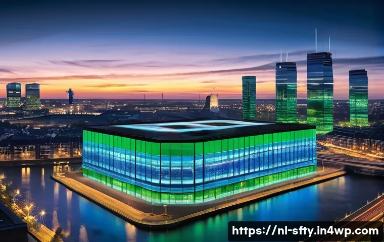 네트워크 보안 모니터링 도구와 경고 시스템 - **Prompt:** A state-of-the-art, secure data center, imagined as a high-tech digital fortress in a bu...