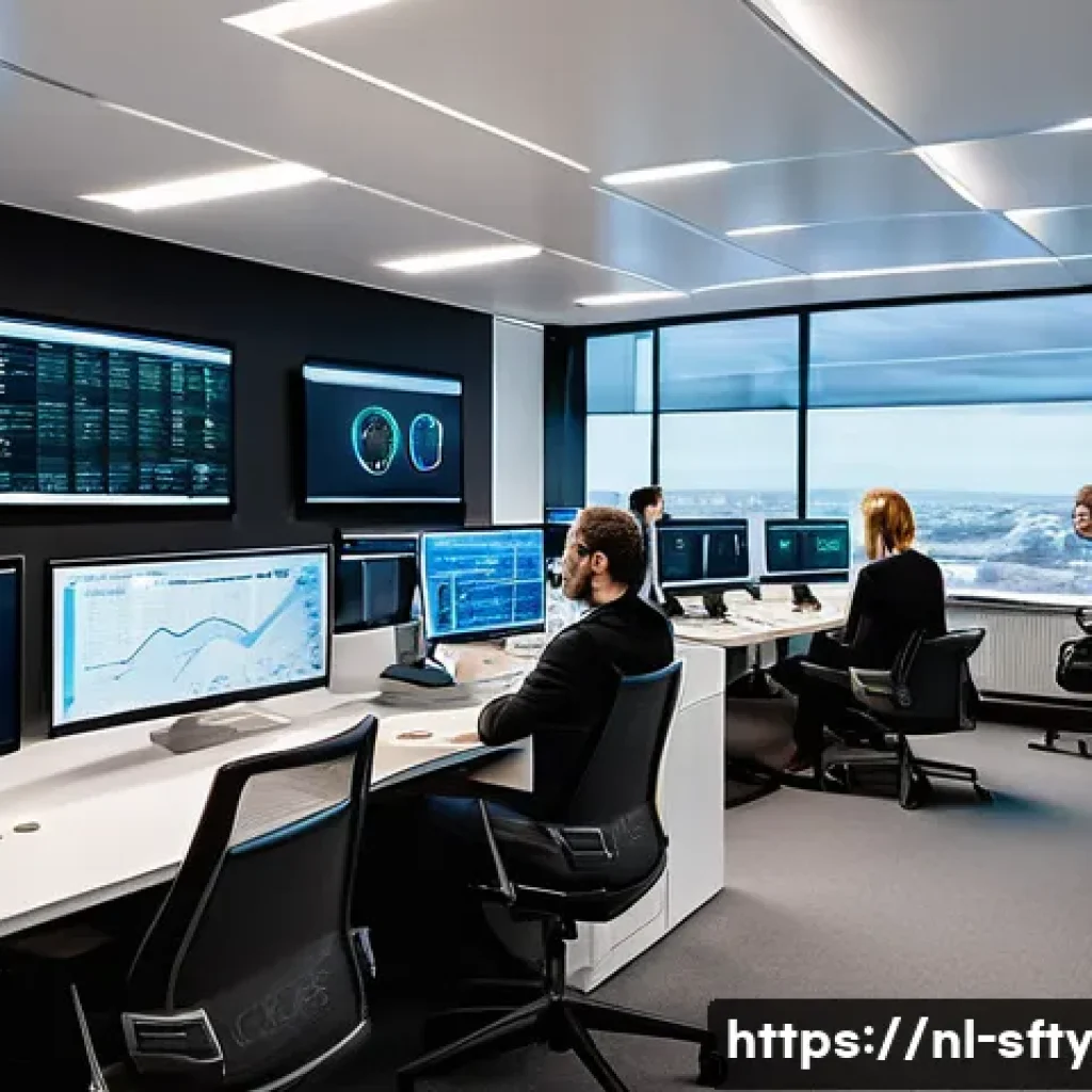 네트워크 보안 모니터링의 비즈니스 사례 - A modern Dutch corporate office environment showing a diverse IT security team actively monitoring m...