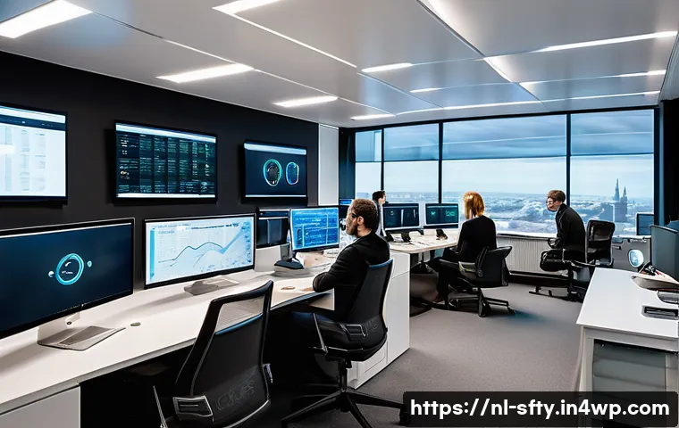 네트워크 보안 모니터링의 비즈니스 사례 - A modern Dutch corporate office environment showing a diverse IT security team actively monitoring m...