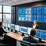 Home 20 네트워크 보안 모니터링 도구의 컴플라이언스 준수 - A modern Dutch office environment showcasing an integrated cybersecurity control room with multiple ...