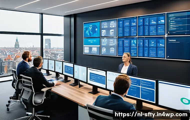 네트워크 보안 모니터링 도구의 컴플라이언스 준수 - A modern Dutch office environment showcasing an integrated cybersecurity control room with multiple ...
