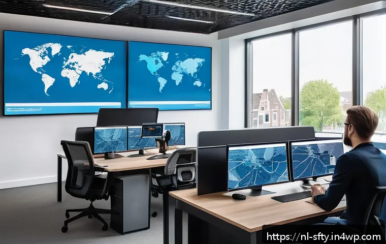 네트워크 보안 모니터링 도구 추천 - A modern office environment in the Netherlands with IT professionals monitoring network security on ...