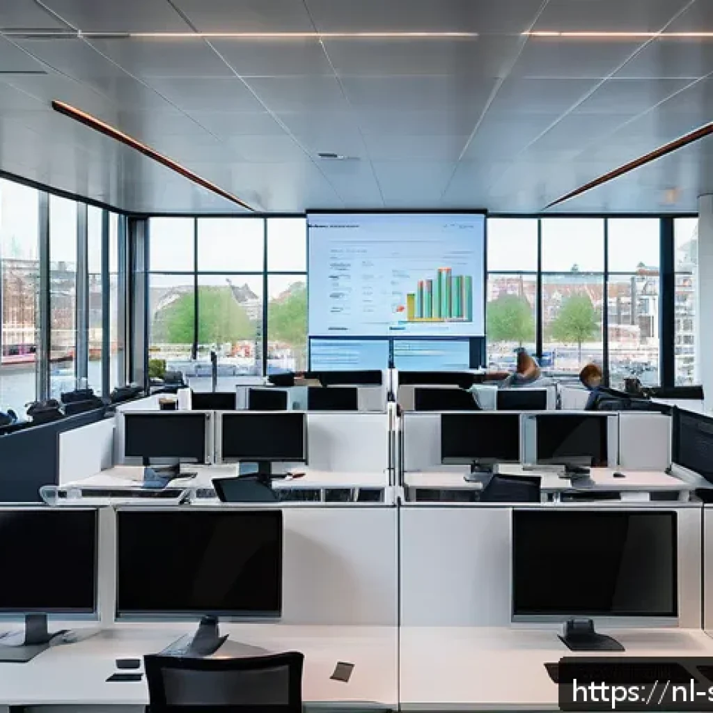 네트워크 보안 모니터링 도구의 고객 후기 - A modern, sleek office environment in Amsterdam with IT professionals collaborating around multiple ...