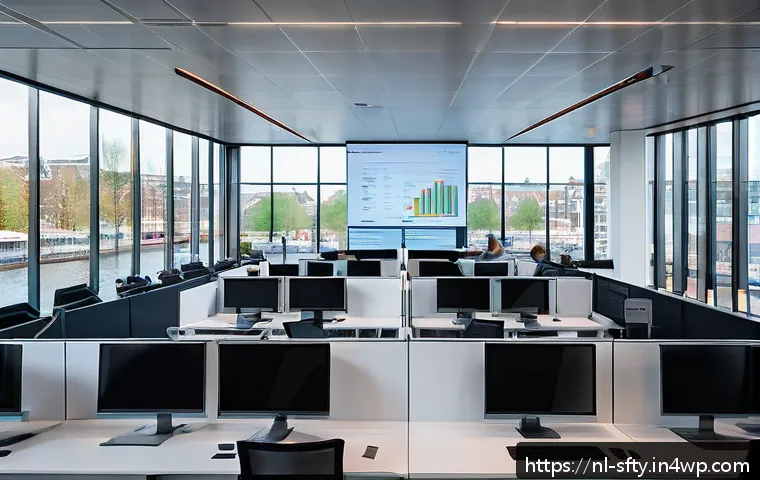 네트워크 보안 모니터링 도구의 고객 후기 - A modern, sleek office environment in Amsterdam with IT professionals collaborating around multiple ...