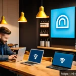 Home 23 모바일 기기를 위한 네트워크 보안 모니터링 솔루션 - A modern Dutch café interior with diverse customers using laptops and smartphones connected to a Wi-...