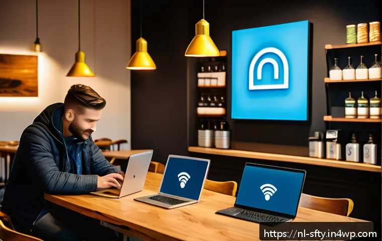 모바일 기기를 위한 네트워크 보안 모니터링 솔루션 - A modern Dutch café interior with diverse customers using laptops and smartphones connected to a Wi-...