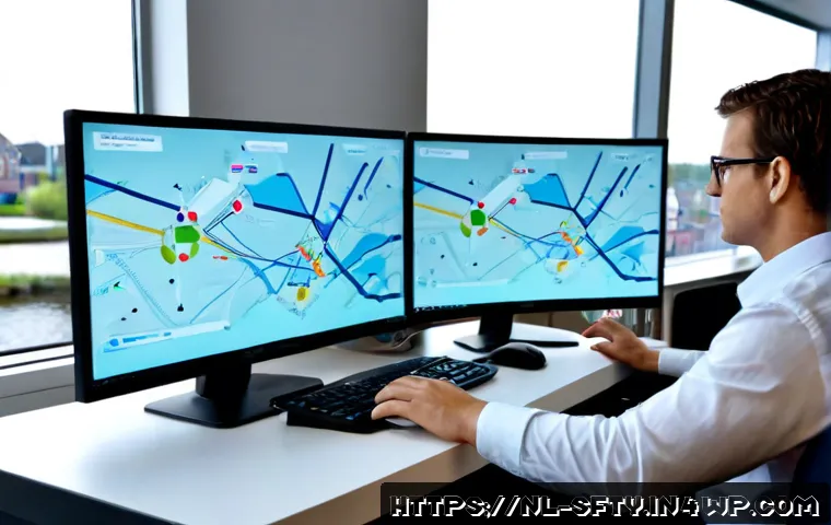 Home 17 네트워크 보안 공격 탐지를 위한 도구 추천 - Photorealistic cybersecurity analyst in a modern Dutch office, seated at a clean desk with two large...