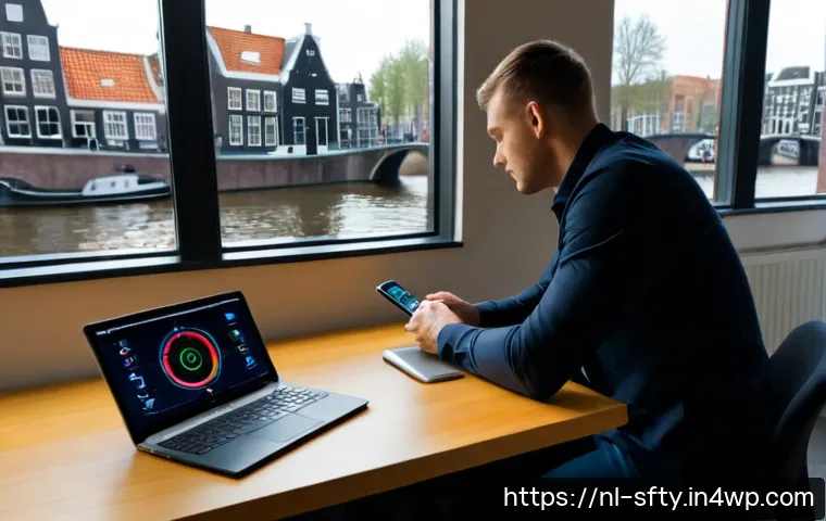 네트워크 보안 모니터링을 위한 API 활용 - Photorealistic cybersecurity analyst in a modern Amsterdam office, monitoring network security throu...