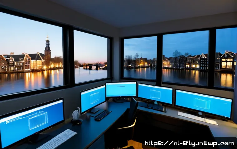 Home 17 네트워크 보안 모니터링 도구의 데이터 암호화 - Photorealistic network security monitoring workspace in a modern Dutch office, an IT professional vi...