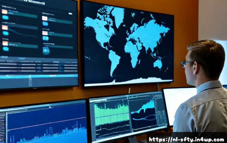 Home 17 네트워크 보안 모니터링 도구의 유용성 - Photorealistic modern network security operations room in the Netherlands, a Dutch cybersecurity ana...