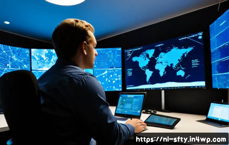 Home 17 네트워크 보안 모니터링 도구와 인공지능 - Photorealistic modern network security operations center in Amsterdam, a Dutch cybersecurity analyst...